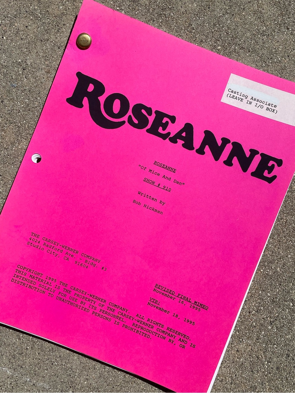 Roseanne 1995 Production Used Final Mimeo Draft Script Of Mice & Dan JOHN POPPER